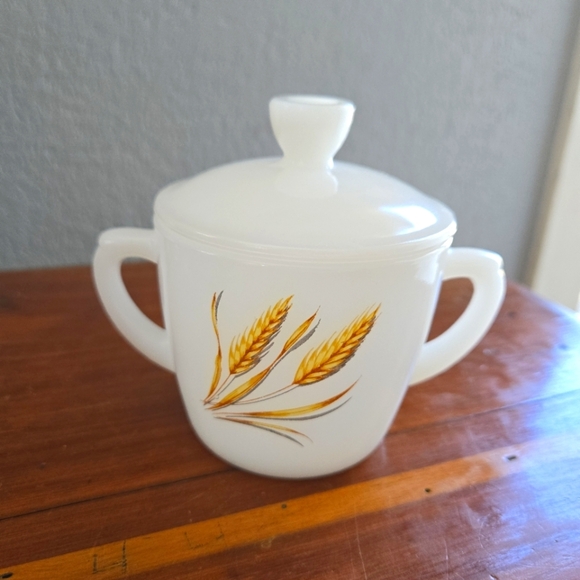 Other - Fire King Golden Wheat Milk Glass Sugar Bowl With Lid Vintage